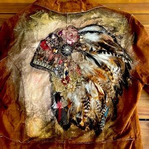 Hand painted/embellished light brown leather jacket, size Medium